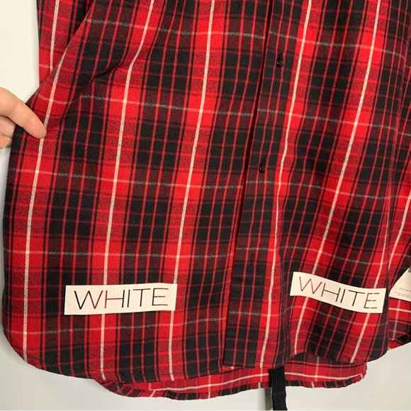 Off-White Red Black Plaid Check Flannel Buttoned Down Extra Long Shirt Size S - Picture 4 of 15